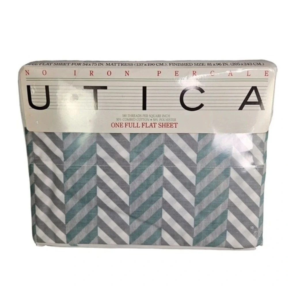 Utica Full Flat Sheet Gray Border No Iron Percale Cotton Blend New Bedding‎ READ